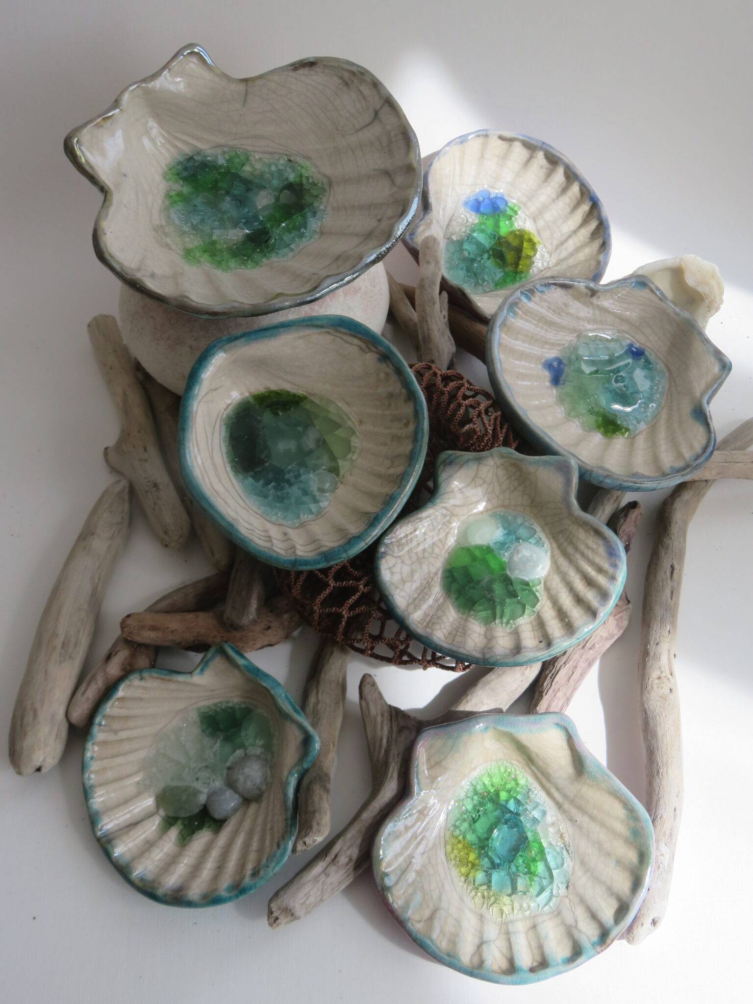 Conchas raku con cristal de mar – piezas únicas